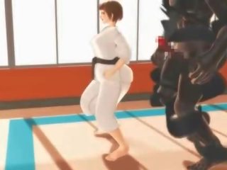 Hentai karate mergaitė springimas apie a masinis bybis į 3d