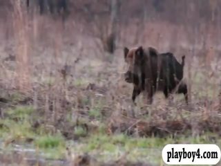 Group of naked badass girls boar hunting and sky diving